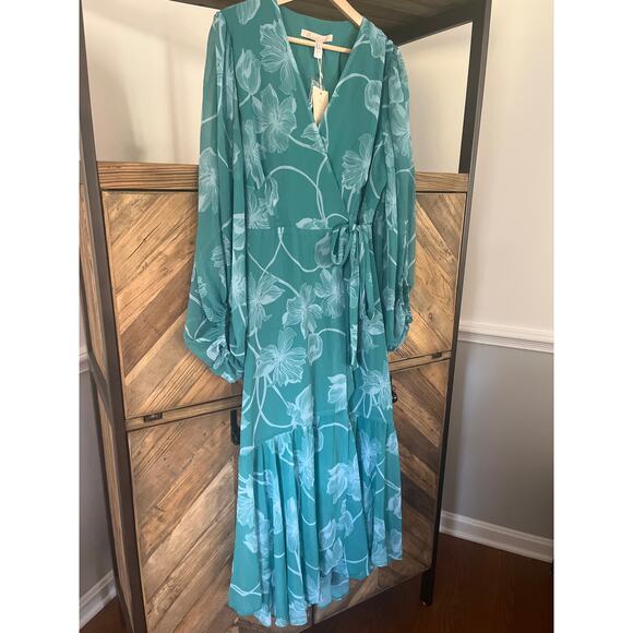New Hutch Robyn Wrap Dress Long Sleeve V-neck Midi Teal and White Floral Large - Picture 4 of 12